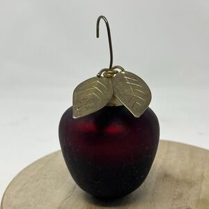 Vintage Glass Apple Christmas Ornament Red with Brass Leaves Mid Century Style